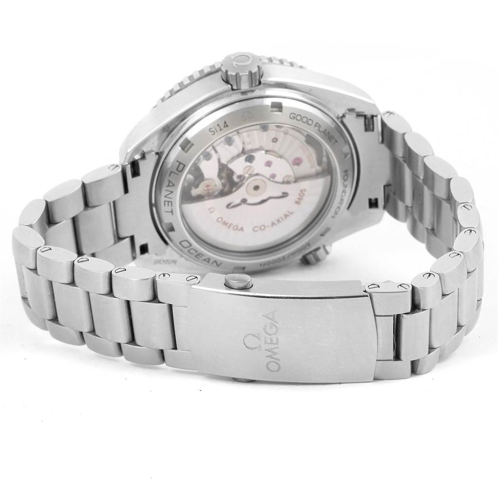 This image shows the back view of the Omega Planet Ocean 232.30.44.22.03.001 Men
s Stainless Steel Blue Dial 232.30.44.22.03.001 Men
s Stainless Steel Blue Dial watch, highlighting the transparent case back, crown, and metal bracelet.