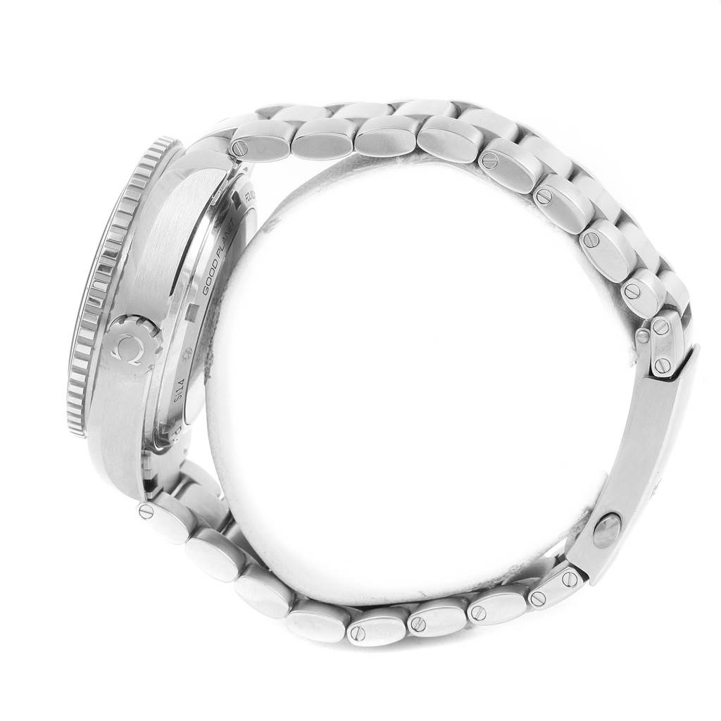 The image shows the side view of the Omega Planet Ocean 232.30.44.22.03.001 Men
s Stainless Steel Blue Dial 232.30.44.22.03.001 Men
s Stainless Steel Blue Dial watch, focusing on the case profile, crown, and part of the bracelet.