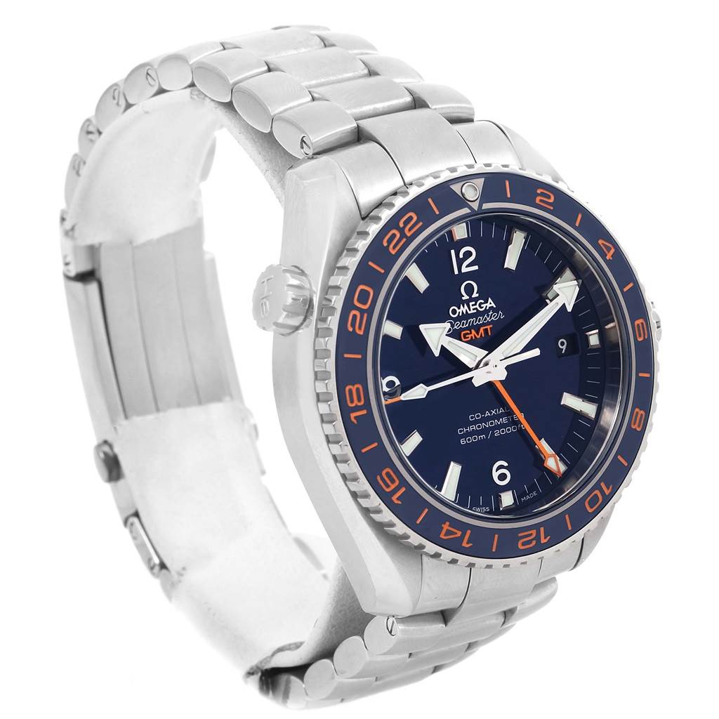 The image shows an Omega Planet Ocean 232.30.44.22.03.001 Men
s Stainless Steel Blue Dial 232.30.44.22.03.001 Men
s Stainless Steel Blue Dial watch from an angled side view, prominently displaying its face, bezel, and bracelet.
