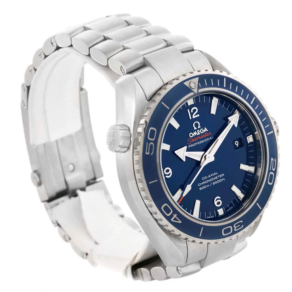The Omega Planet Ocean 232.90.46.21.03.001 Men's Titanium Blue Dial 232.90.46.21.03.001 Men's Titanium Blue Dial watch is shown at a three-quarter angle, highlighting the face, bezel, and metal strap.