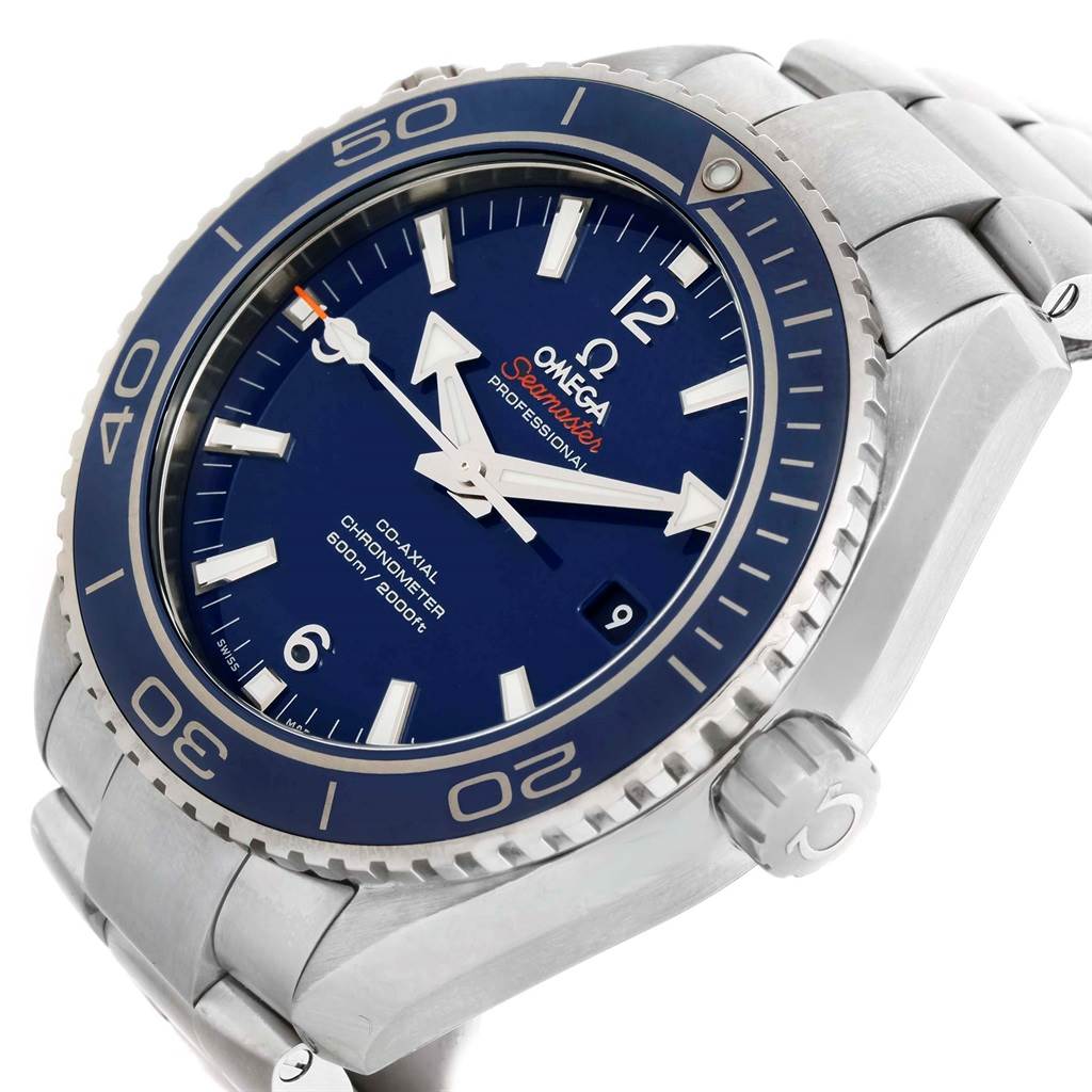 The Omega Planet Ocean 232.90.46.21.03.001 Men's Titanium Blue Dial 232.90.46.21.03.001 Men's Titanium Blue Dial watch is shown at an angle highlighting the face, bezel, crown, and part of the bracelet.