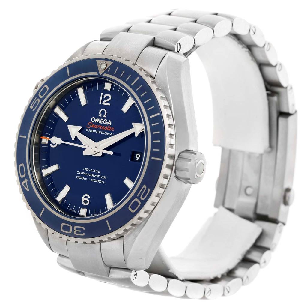 The Omega Planet Ocean 232.90.46.21.03.001 Men's Titanium Blue Dial 232.90.46.21.03.001 Men's Titanium Blue Dial watch is shown from an angled front view, revealing the face, bezel, crown, and metal bracelet.