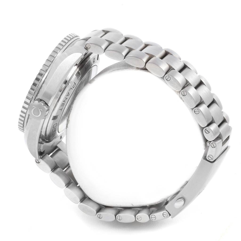 This image shows a side view of the Omega Planet Ocean 232.90.46.21.03.001 Men's Titanium Blue Dial 232.90.46.21.03.001 Men's Titanium Blue Dial watch, focusing on the stainless steel bracelet and case.