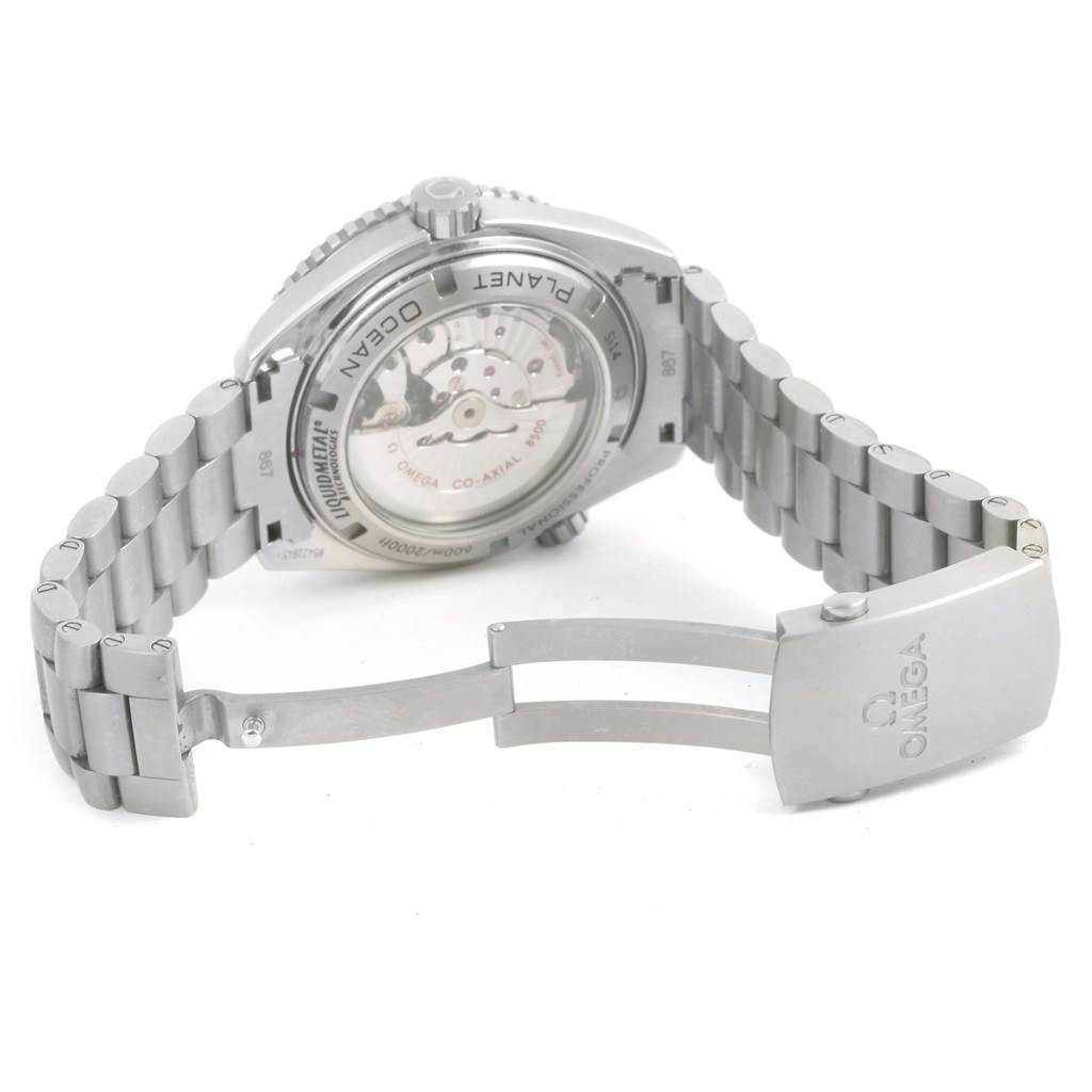 The image shows the back and clasp of an Omega Planet Ocean 232.90.46.21.03.001 Men's Titanium Blue Dial 232.90.46.21.03.001 Men's Titanium Blue Dial watch, highlighting its open caseback and metal bracelet.