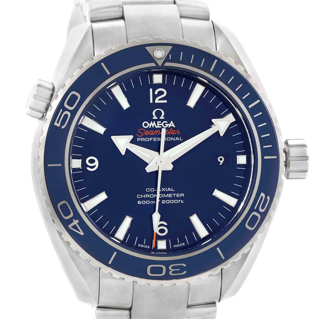 This Omega Planet Ocean 232.90.46.21.03.001 Men's Titanium Blue Dial 232.90.46.21.03.001 Men's Titanium Blue Dial watch features a front view showcasing the blue dial, bezel, and stainless steel bracelet.