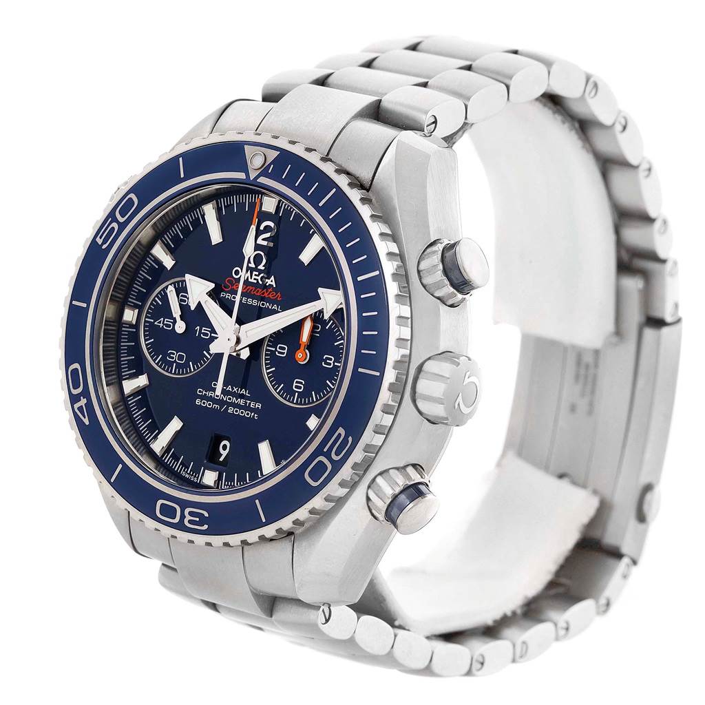 This Omega Planet Ocean 232.90.46.51.03.001 Men's Titanium Blue Dial 232.90.46.51.03.001 Men's Titanium Blue Dial watch is shown at a slight side angle, highlighting its face, bezel, and metal bracelet.