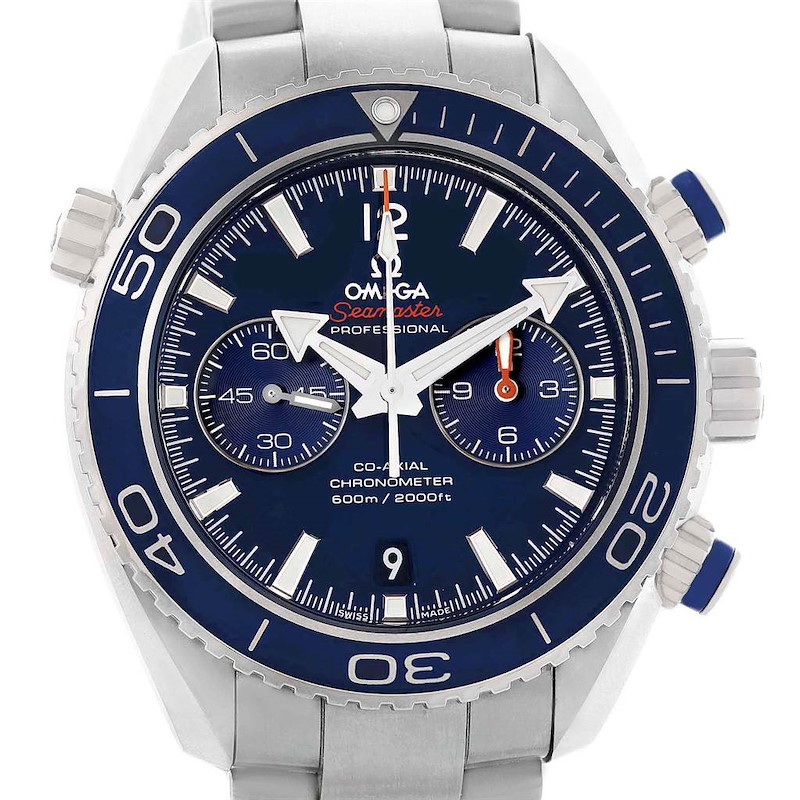 This image shows a front view of the Omega Planet Ocean model watch, highlighting its bezel, dial, and chronograph sub-dials.