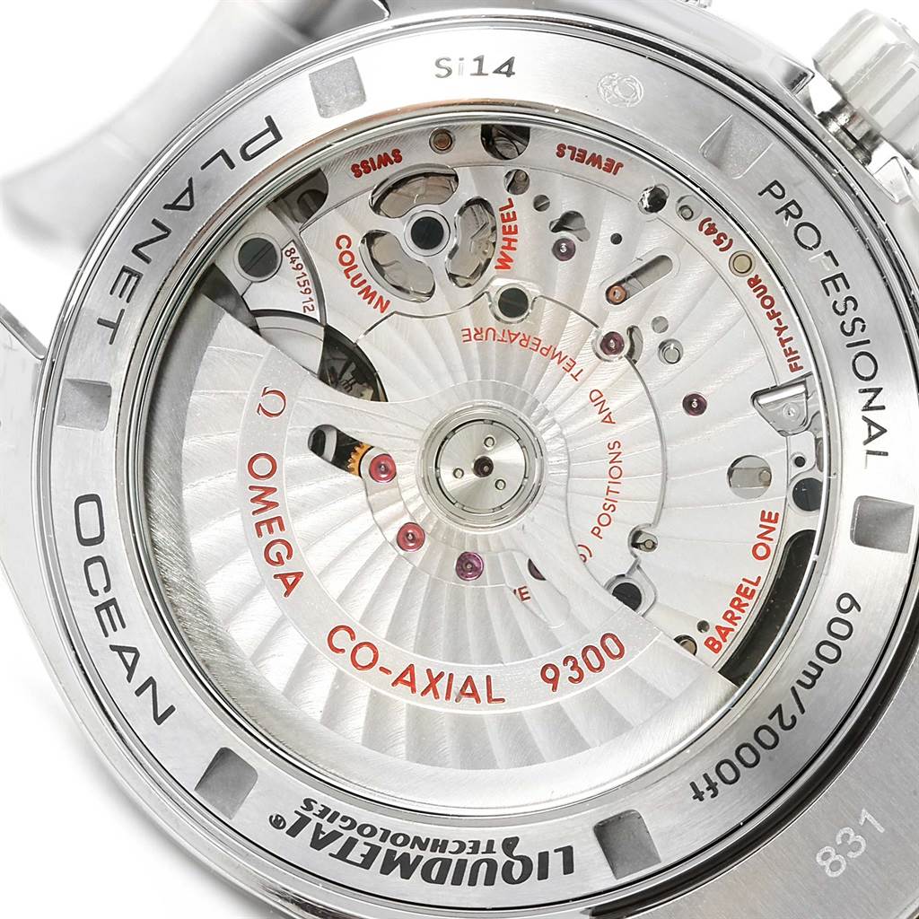 The image shows the back view of the Omega Planet Ocean 232.90.46.51.03.001 Men's Titanium Blue Dial 232.90.46.51.03.001 Men's Titanium Blue Dial watch, highlighting its internal mechanical parts.