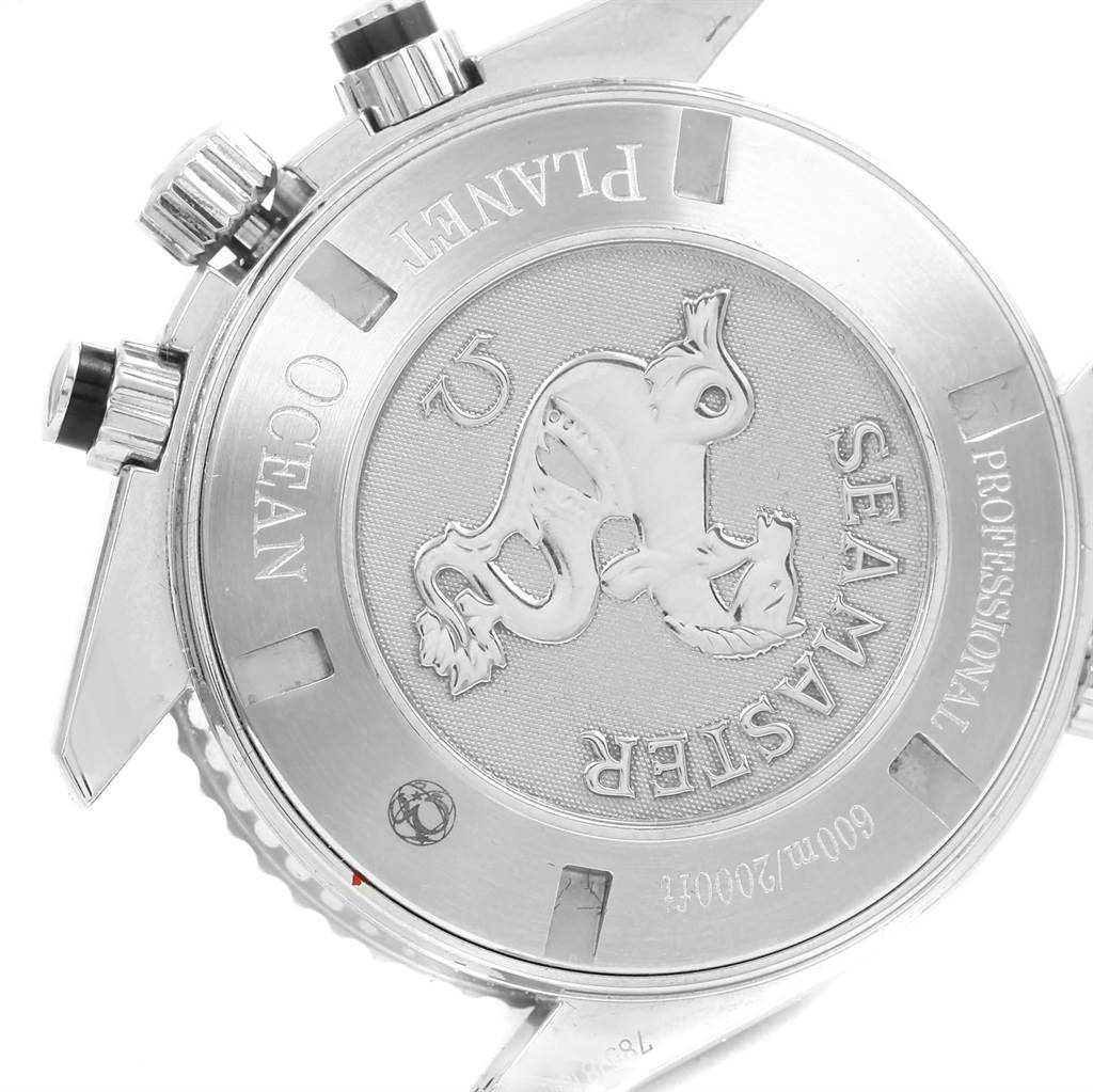 The image shows the back case of the Omega Planet Ocean 2210.50.00 Men's Stainless Steel Black Dial 2210.50.00 Men's Stainless Steel Black Dial watch, including the Seasmaster emblem and various inscriptions.