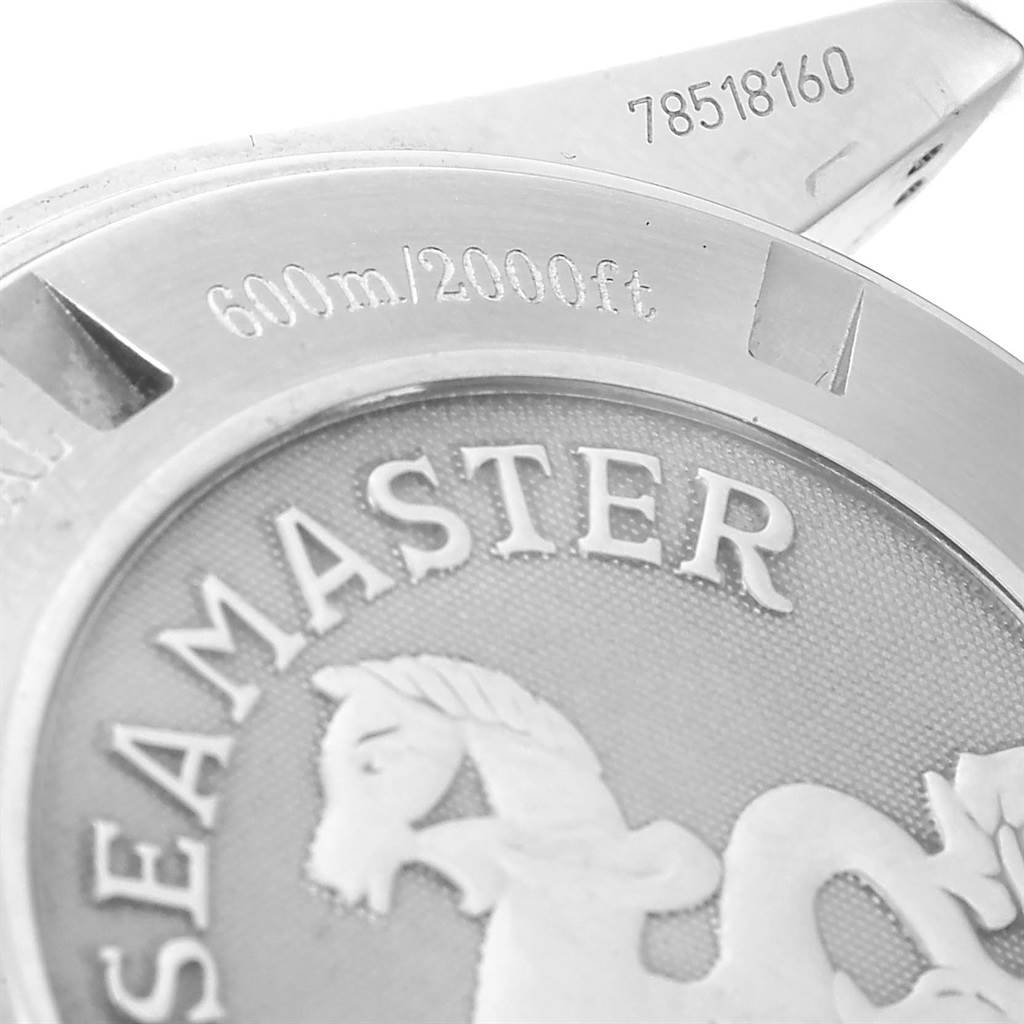 This image shows a close-up of the case back and part of the lugs of an Omega Planet Ocean 2210.50.00 Men's Stainless Steel Black Dial 2210.50.00 Men's Stainless Steel Black Dial watch, highlighting "Seamaster" engraving and water resistance.