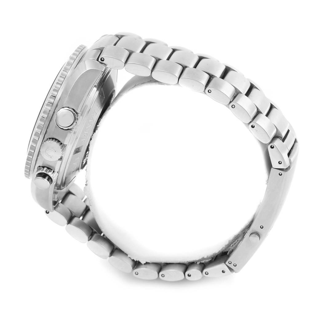 The Omega Planet Ocean 2210.50.00 Men's Stainless Steel Black Dial 2210.50.00 Men's Stainless Steel Black Dial watch is shown from a side angle, highlighting the case, crown, and metal bracelet.