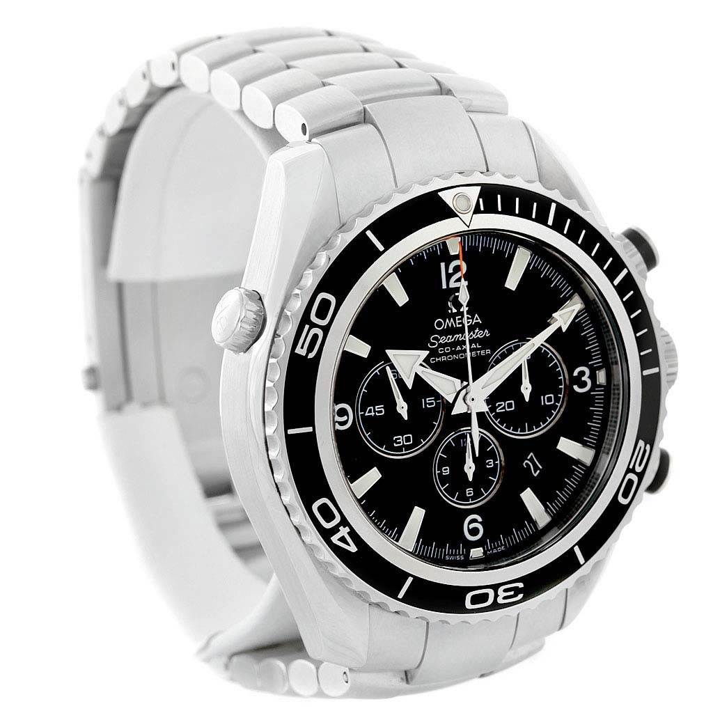 The Omega Planet Ocean 2210.50.00 Men's Stainless Steel Black Dial 2210.50.00 Men's Stainless Steel Black Dial watch is shown at a three-quarter angle, highlighting its bezel, dial, and part of the bracelet.