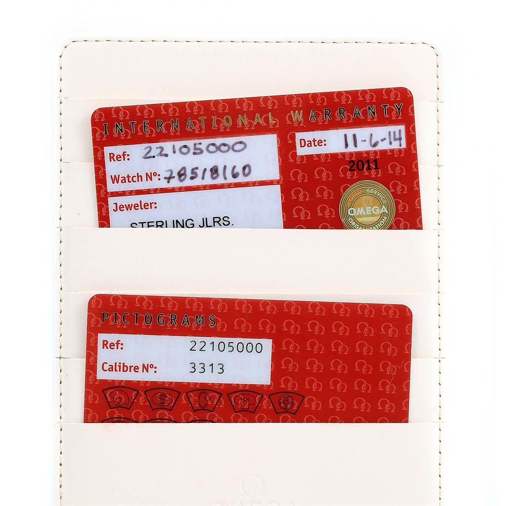 The image shows the warranty and pictogram cards for an Omega Planet Ocean 2210.50.00 Men's Stainless Steel Black Dial 2210.50.00 Men's Stainless Steel Black Dial watch.