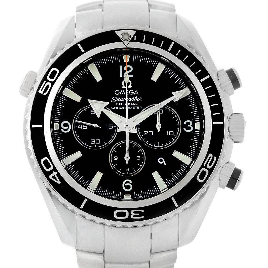 The image shows the front view of the Omega Planet Ocean 2210.50.00 Men's Stainless Steel Black Dial 2210.50.00 Men's Stainless Steel Black Dial model, highlighting its black dial and bezel, chronograph sub-dials, and stainless steel bracelet.