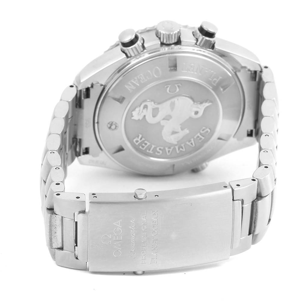 The image shows the back case and clasp of the Omega Seamaster Planet Ocean watch at a rear angle.