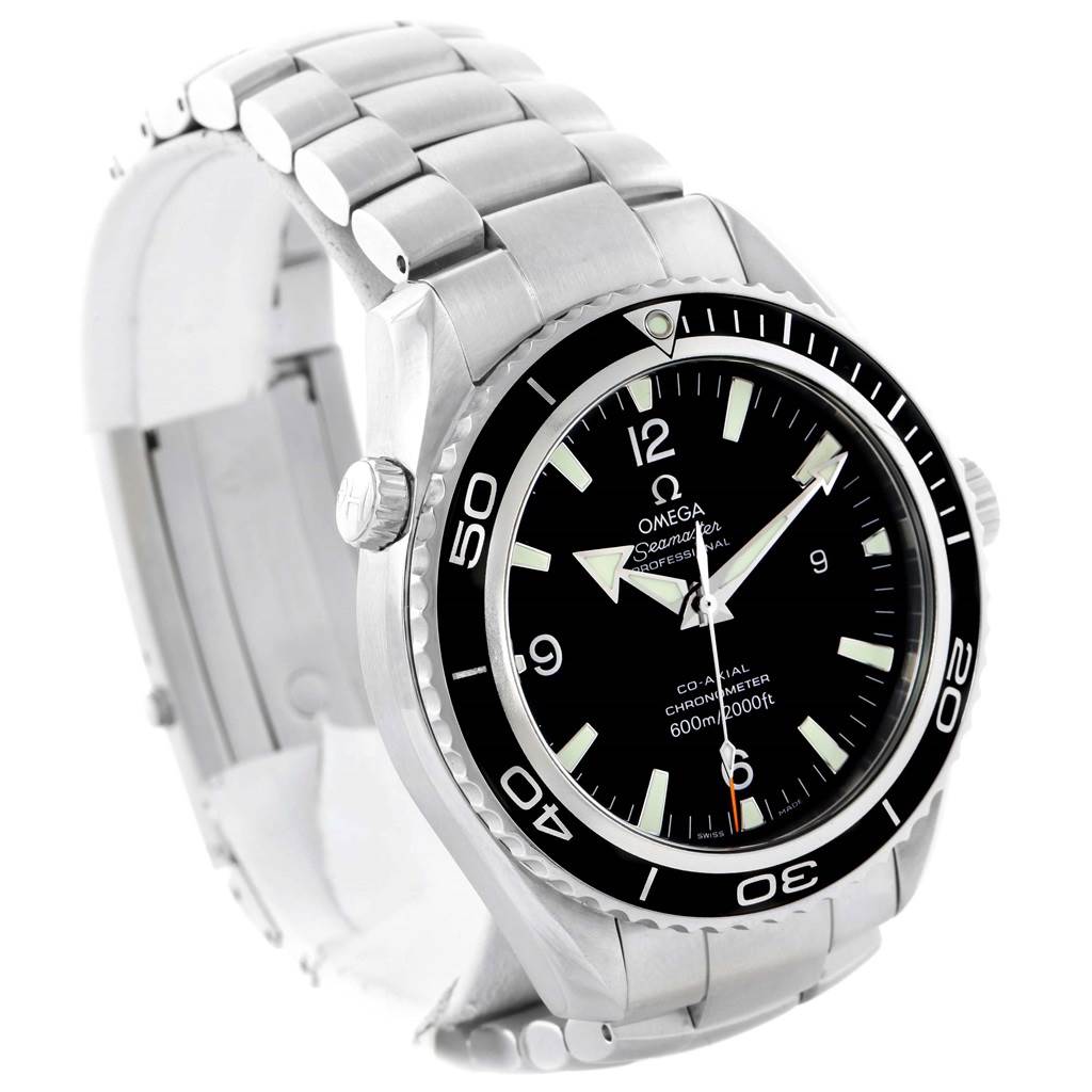 This image shows a front view and slightly angled side view of the Omega Seamaster Planet Ocean watch, highlighting the dial, bezel, and bracelet.