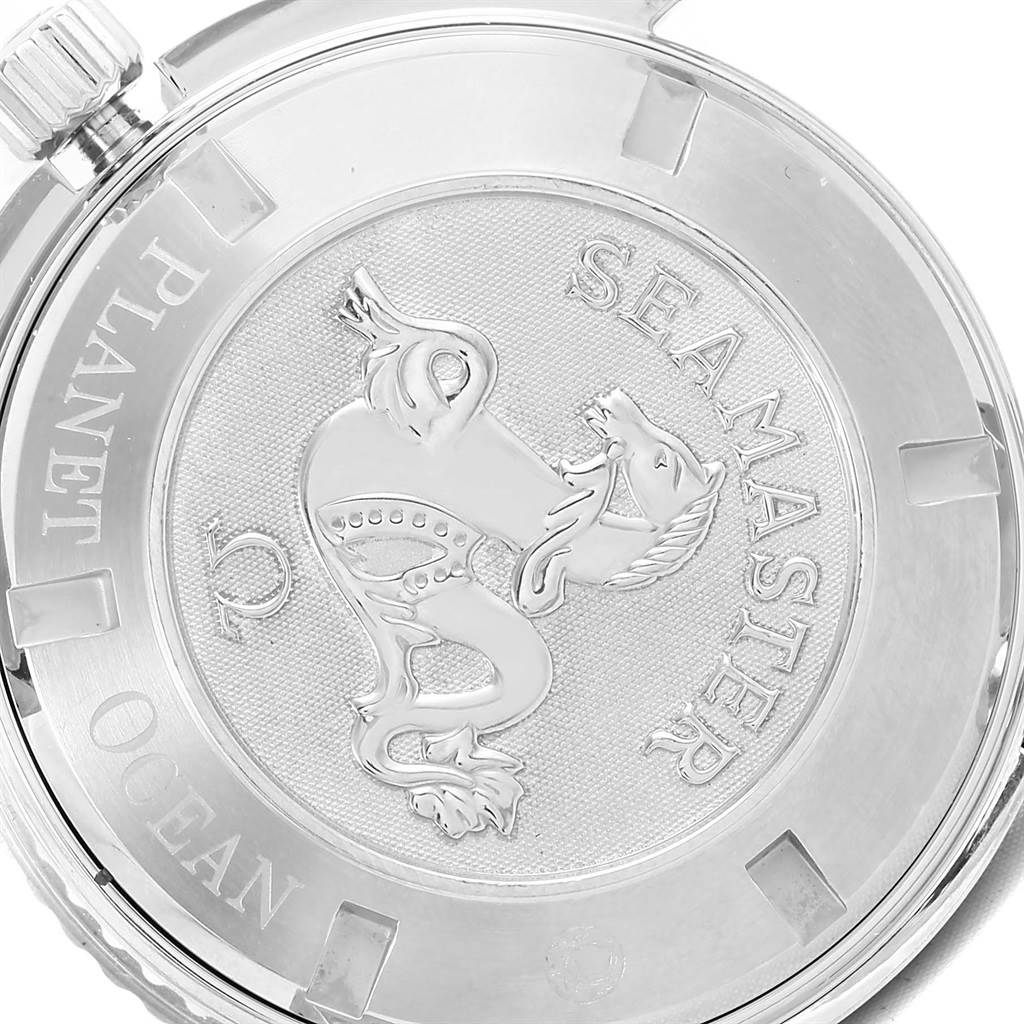 The image shows the back of an Omega Planet Ocean 2200.50.00 Men's Stainless Steel Black Dial 2200.50.00 Men's Stainless Steel Black Dial Seamaster watch, featuring the embossed Seamaster logo.