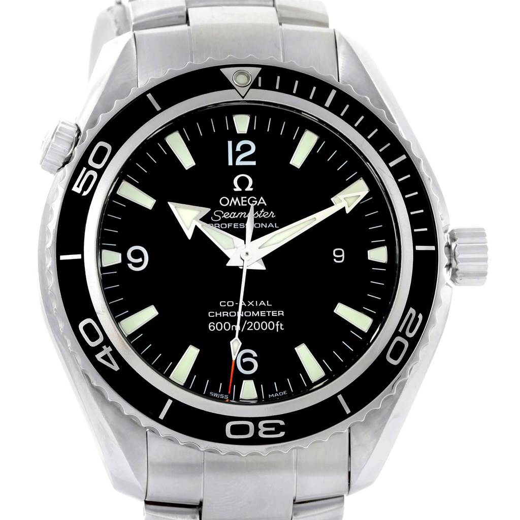 The Omega Planet Ocean 2200.50.00 Men's Stainless Steel Black Dial 2200.50.00 Men's Stainless Steel Black Dial watch is shown from the front, displaying its face, bezel, crown, and part of the metal bracelet.