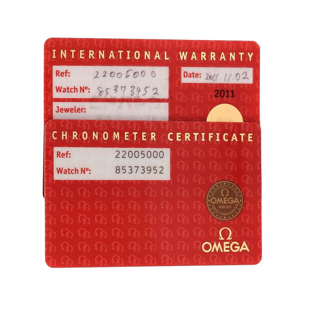 The image shows the International Warranty and Chronometer Certificate cards for the Omega Planet Ocean 2200.50.00 Men's Stainless Steel Black Dial 2200.50.00 Men's Stainless Steel Black Dial model.