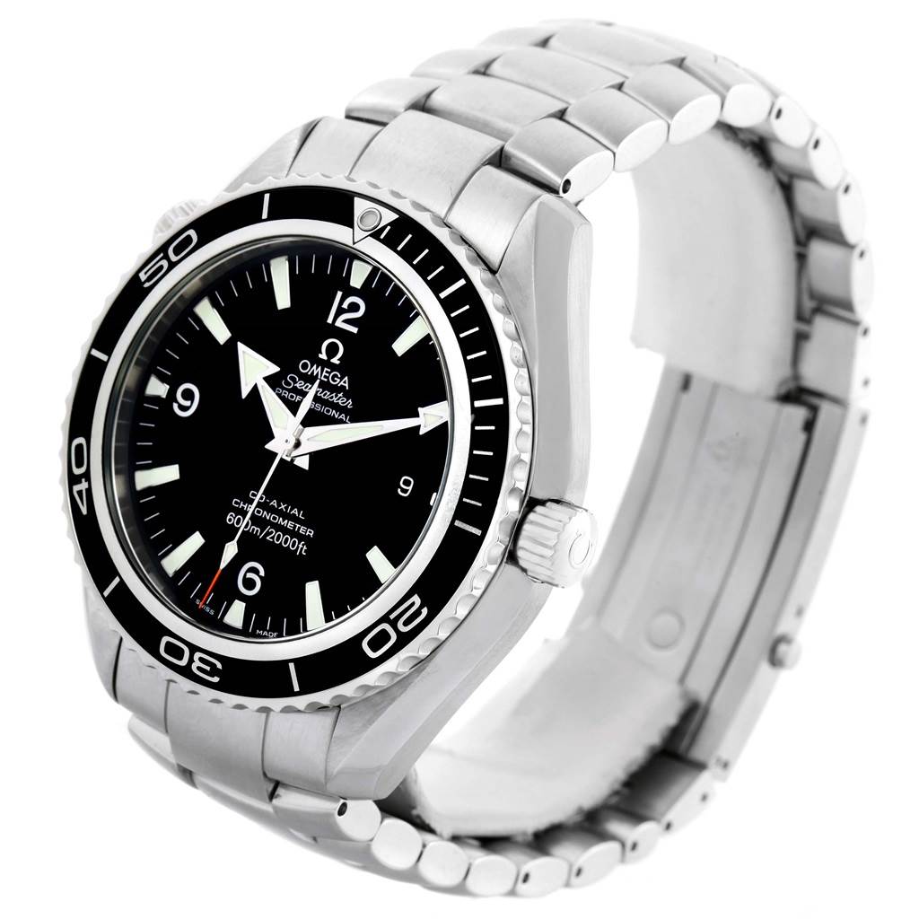 The Omega Planet Ocean 2200.50.00 Men's Stainless Steel Black Dial 2200.50.00 Men's Stainless Steel Black Dial watch is shown at an angle highlighting its face, bezel, crown, and metal bracelet.