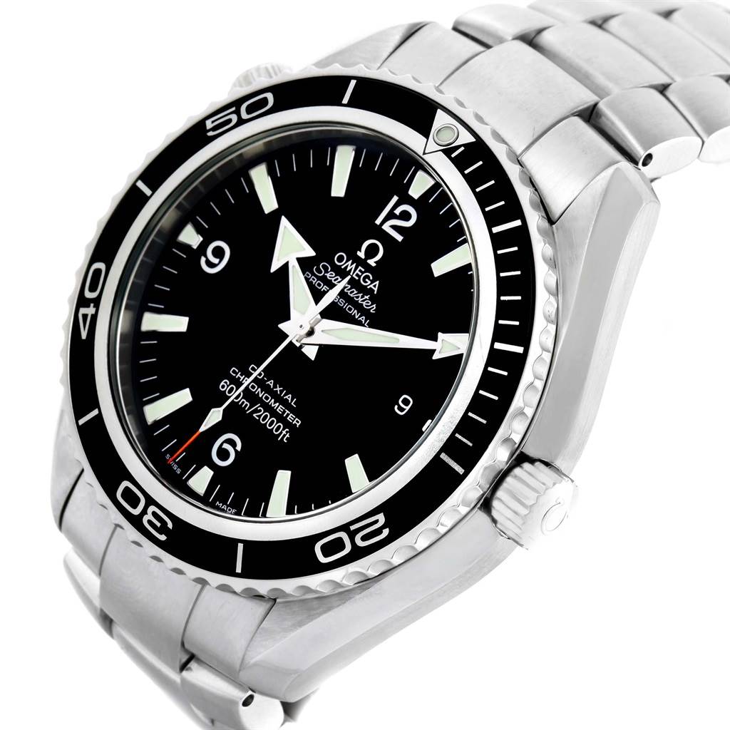 The image shows an Omega Planet Ocean 2200.50.00 Men's Stainless Steel Black Dial 2200.50.00 Men's Stainless Steel Black Dial watch, displaying its black dial, stainless steel bezel, and bracelet at a slightly tilted angle.