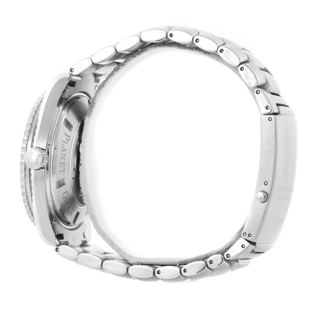 The image shows the side profile, clasp, and partial bracelet of the Omega Planet Ocean 2200.50.00 Men's Stainless Steel Black Dial 2200.50.00 Men's Stainless Steel Black Dial watch.