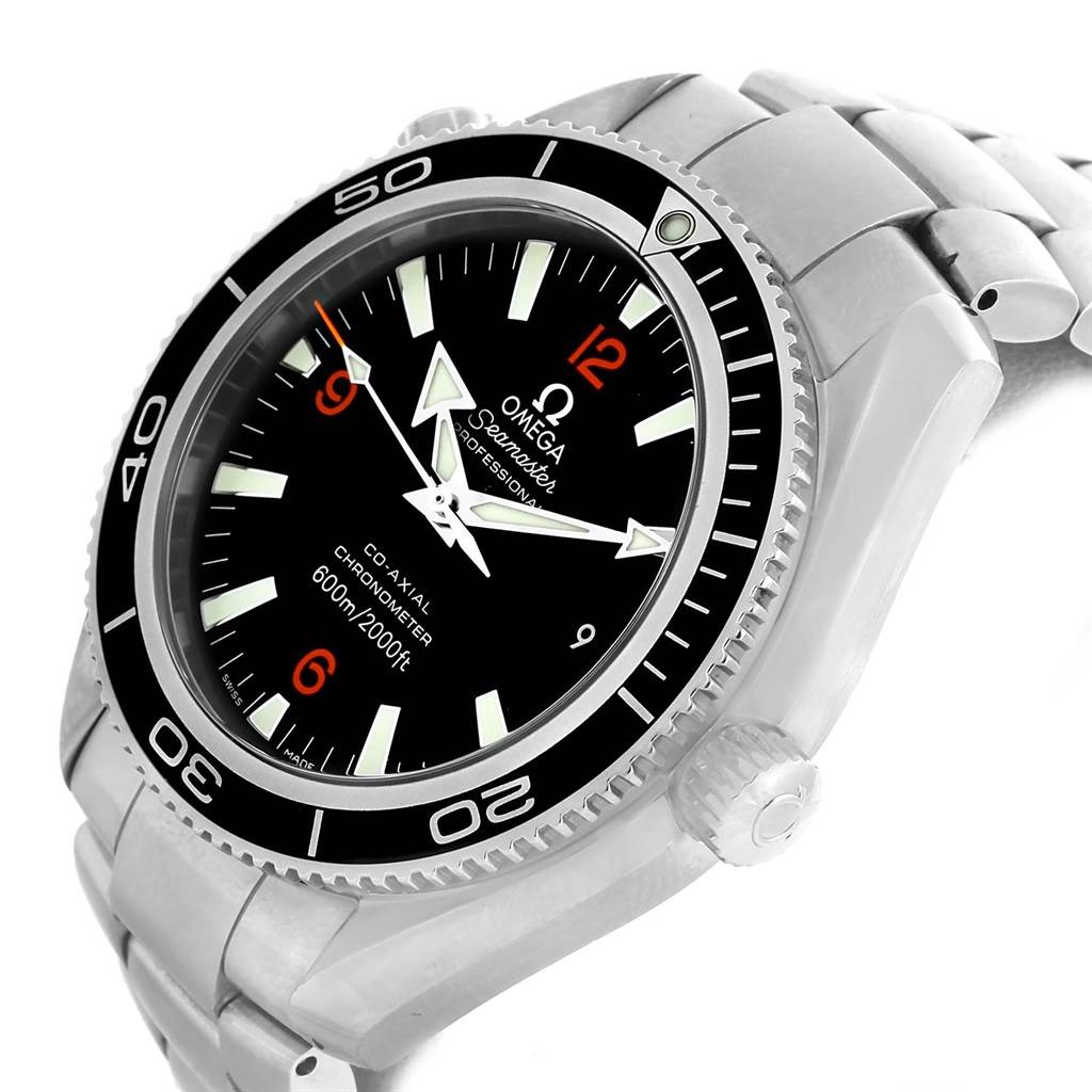The image shows a side and front view of an Omega Planet Ocean 2200.51.00 Men
s Stainless Steel Black Dial 2200.51.00 Men
s Stainless Steel Black Dial watch, highlighting the face, bezel, crown, and part of the bracelet.