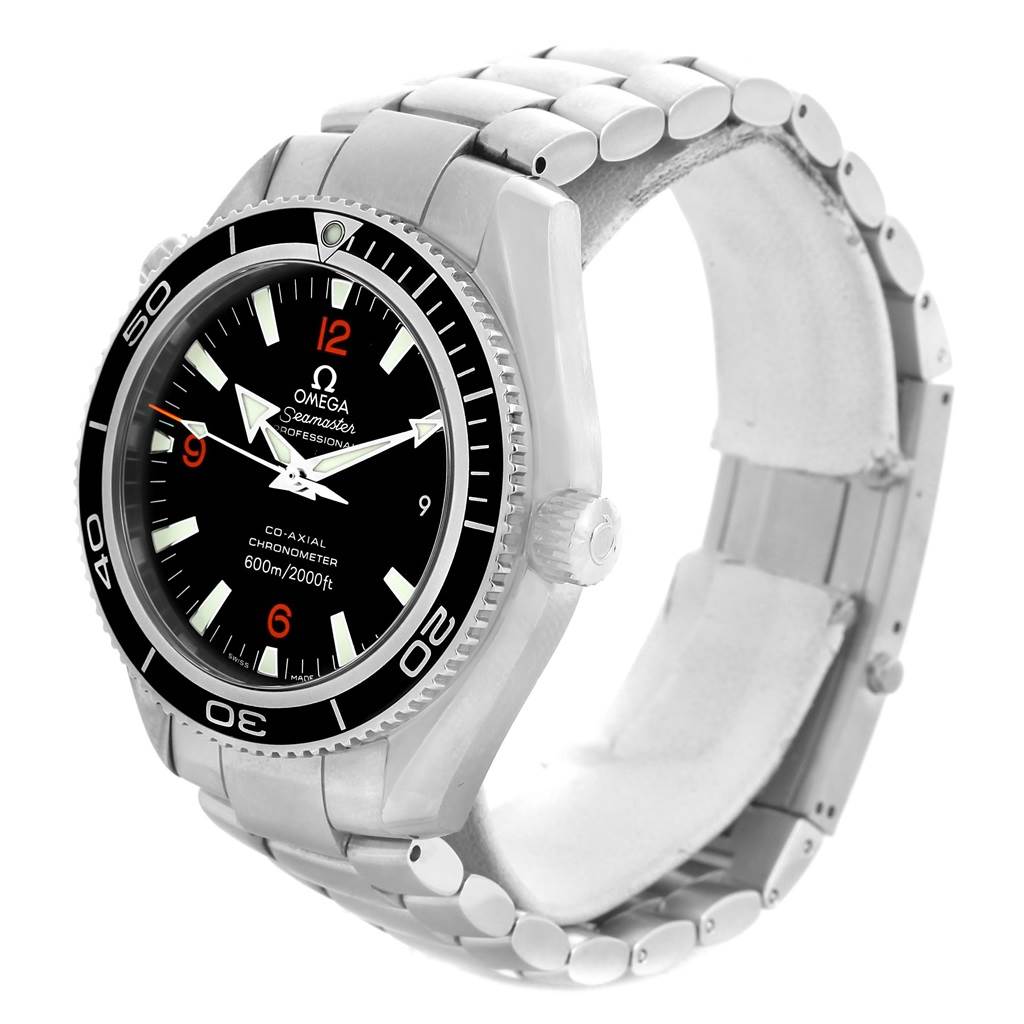 The Omega Planet Ocean 2200.51.00 Men
s Stainless Steel Black Dial 2200.51.00 Men
s Stainless Steel Black Dial watch is shown at a slight angle, displaying the dial, bezel, crown, and metal bracelet.