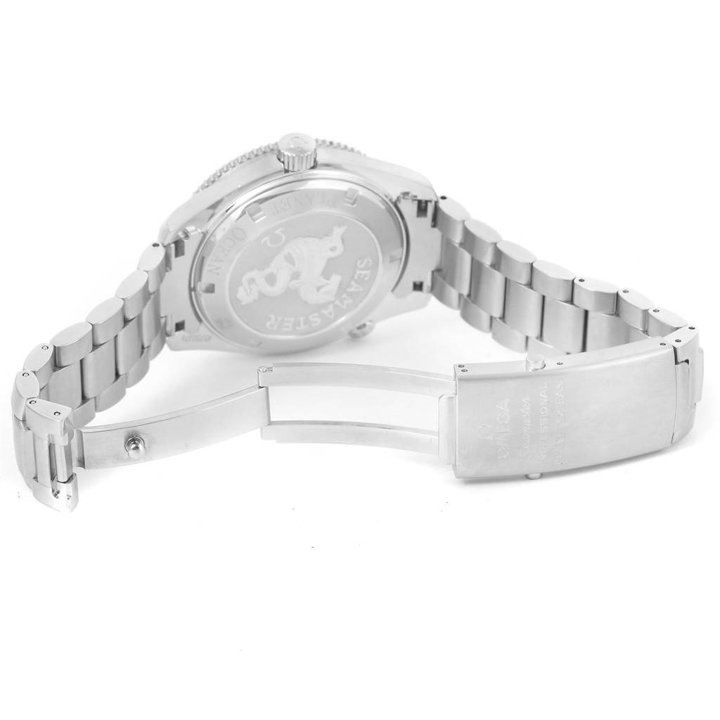 This image shows the back case and bracelet clasp of the Omega Planet Ocean 2200.51.00 Men
s Stainless Steel Black Dial 2200.51.00 Men
s Stainless Steel Black Dial watch.