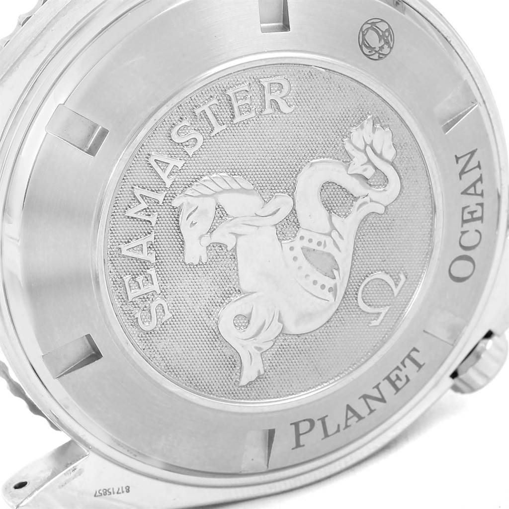 This image shows the back case of the Omega Planet Ocean 2200.51.00 Men
s Stainless Steel Black Dial 2200.51.00 Men
s Stainless Steel Black Dial Seamaster watch, highlighting the engraved details.