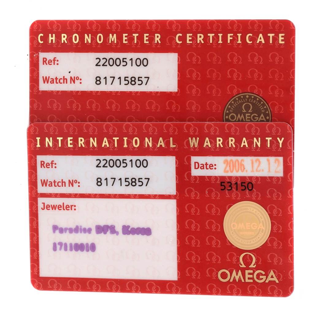 The image shows the Chronometer Certificate and International Warranty cards for the Omega Planet Ocean 2200.51.00 Men
s Stainless Steel Black Dial 2200.51.00 Men
s Stainless Steel Black Dial model.