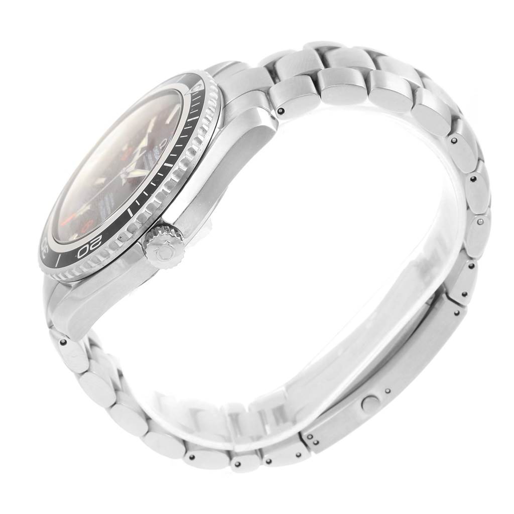 This image displays the Omega Planet Ocean 2200.51.00 Men
s Stainless Steel Black Dial 2200.51.00 Men
s Stainless Steel Black Dial watch from a side angle, showcasing its bezel, crown, and bracelet.