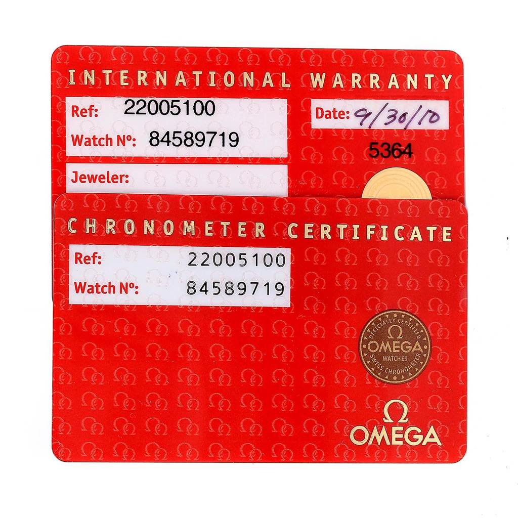 The image shows the International Warranty and Chronometer Certificate cards for the Omega Planet Ocean 2200.51.00 Men
s Stainless Steel Black Dial 2200.51.00 Men
s Stainless Steel Black Dial model.