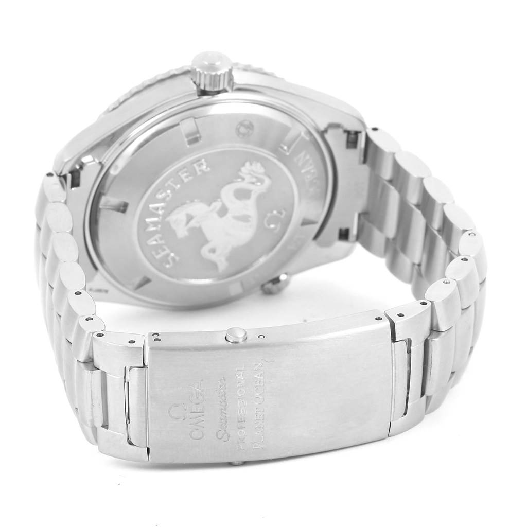 The image shows the back and bracelet of an Omega Planet Ocean 2200.51.00 Men
s Stainless Steel Black Dial 2200.51.00 Men
s Stainless Steel Black Dial watch, including the engraved case back and clasp.