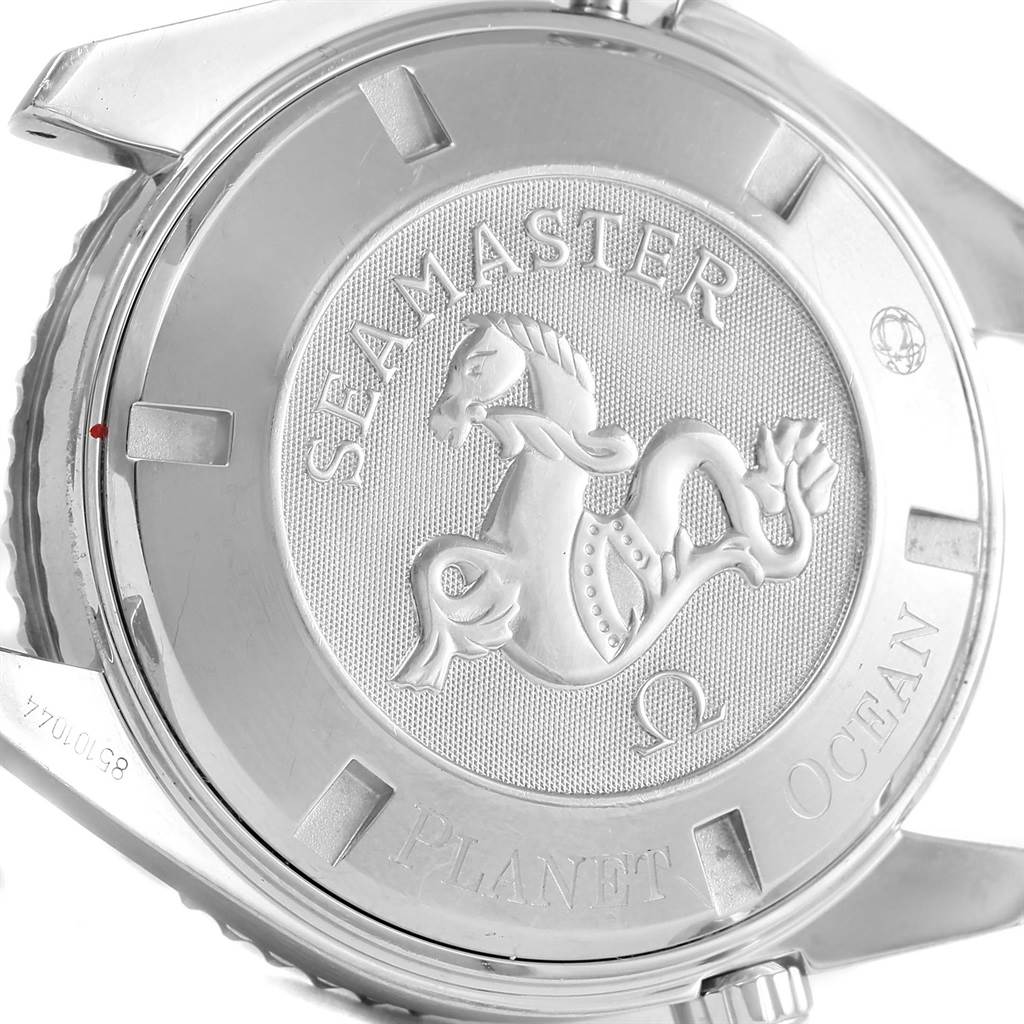 The image shows the back case of an Omega Planet Ocean 2900.51.82 Men
s Stainless Steel Black Dial 2900.51.82 Men
s Stainless Steel Black Dial watch, featuring the Seamaster logo.