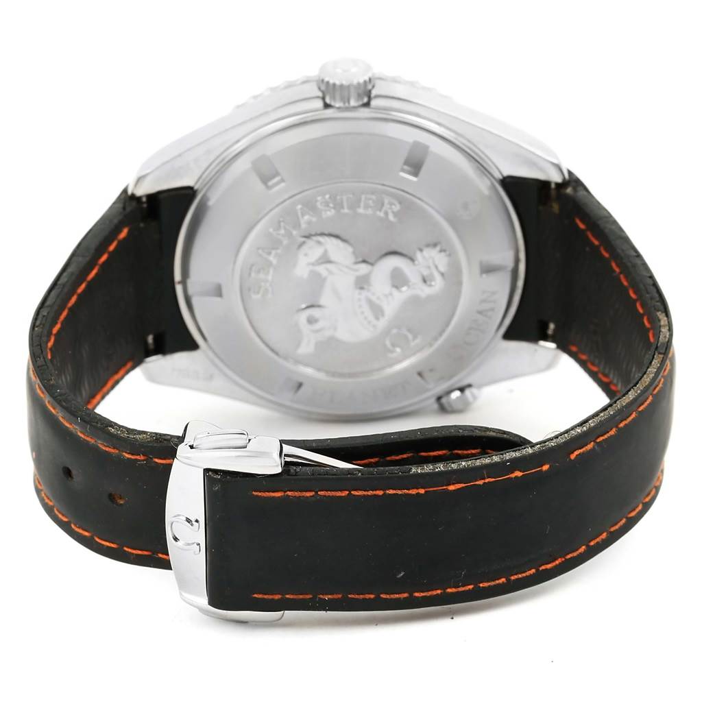 The image shows the back of the Omega Planet Ocean 2900.51.82 Men
s Stainless Steel Black Dial 2900.51.82 Men
s Stainless Steel Black Dial watch, highlighting the case back and buckle on a leather strap.