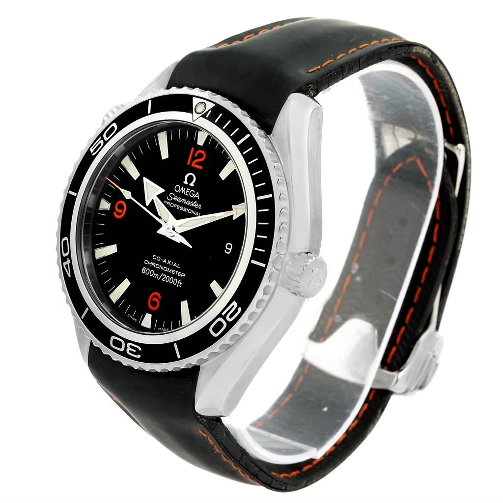 The image shows a side and front angle of the Omega Planet Ocean 2900.51.82 Men
s Stainless Steel Black Dial 2900.51.82 Men
s Stainless Steel Black Dial model, highlighting its bezel, dial, and leather strap.