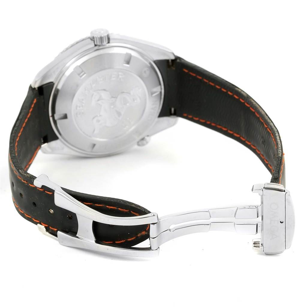 The image shows the back view of an Omega Planet Ocean 2900.51.82 Men
s Stainless Steel Black Dial 2900.51.82 Men
s Stainless Steel Black Dial watch, highlighting its case back and leather strap with orange stitching.