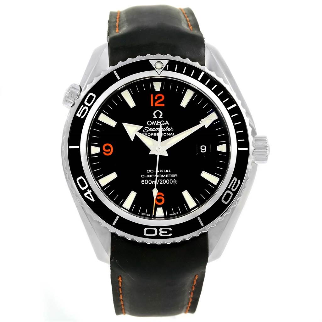 The image shows a front view of an Omega Planet Ocean 2900.51.82 Men
s Stainless Steel Black Dial 2900.51.82 Men
s Stainless Steel Black Dial watch, featuring the dial, bezel, and black strap with orange stitching.