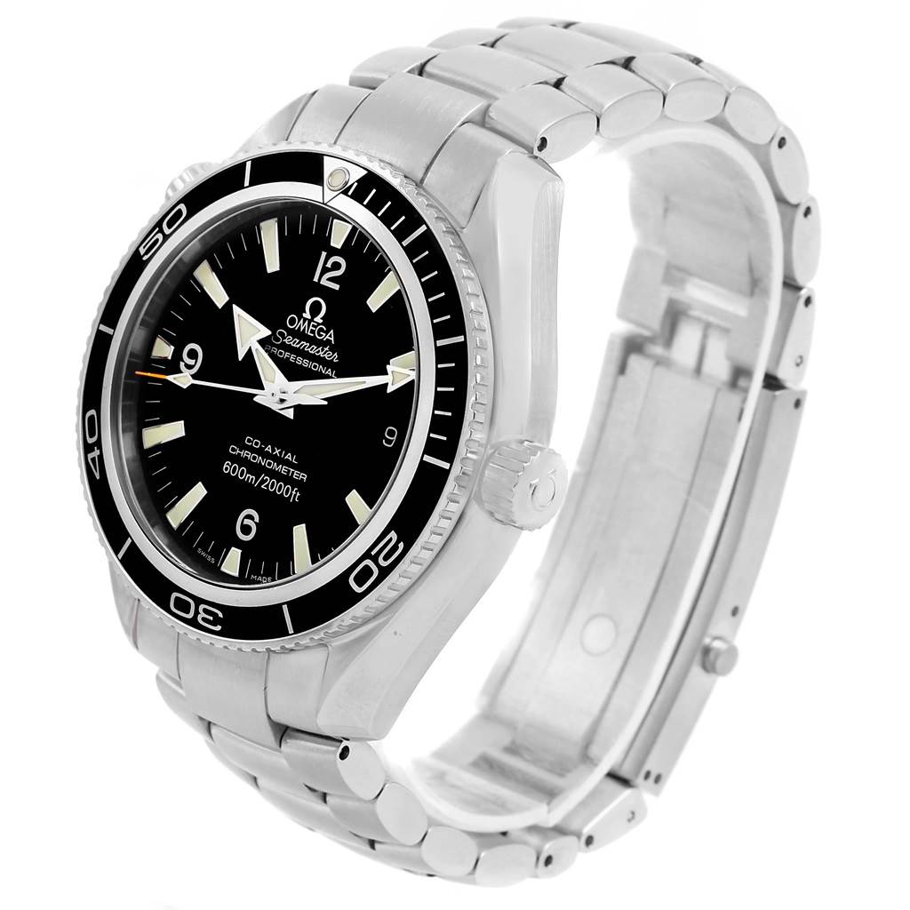 The image shows a side and front angle of the Omega Planet Ocean 2201.50.00 Men's Stainless Steel Black Dial 2201.50.00 Men's Stainless Steel Black Dial watch, highlighting its face, bezel, and metal bracelet.