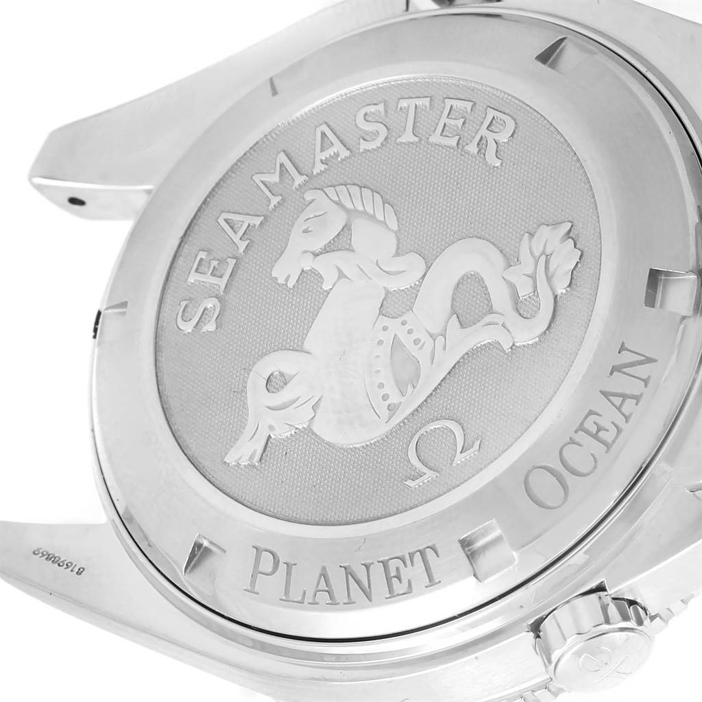 The image shows the back case of the Omega Seamaster Planet Ocean watch at an angle, highlighting the engraved logo and text.