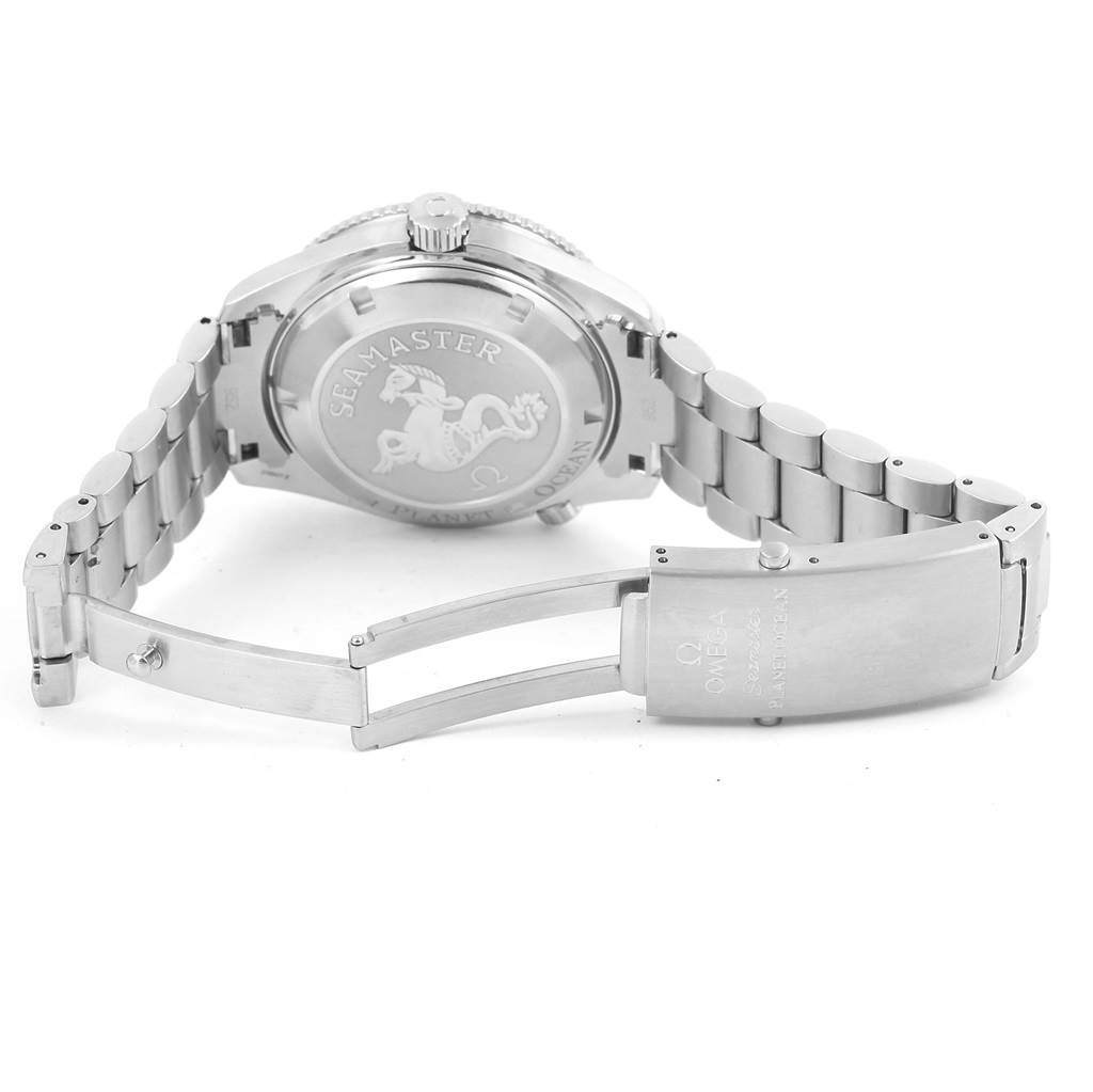 This image shows the back case and partially opened clasp of the Omega Planet Ocean 2201.50.00 Men's Stainless Steel Black Dial 2201.50.00 Men's Stainless Steel Black Dial Seamaster watch.