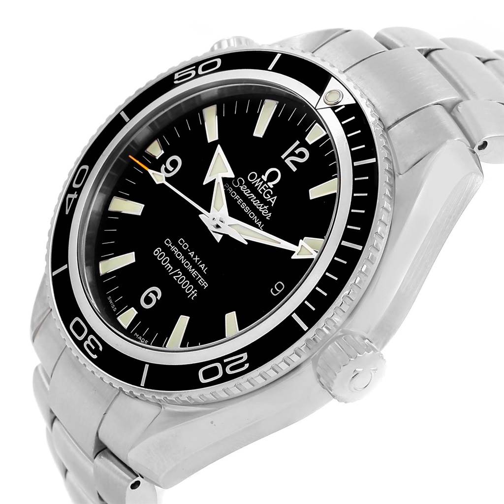 The image shows the Omega Planet Ocean 2201.50.00 Men's Stainless Steel Black Dial 2201.50.00 Men's Stainless Steel Black Dial watch at a tilted angle, highlighting the dial, bezel, crown, and bracelet.