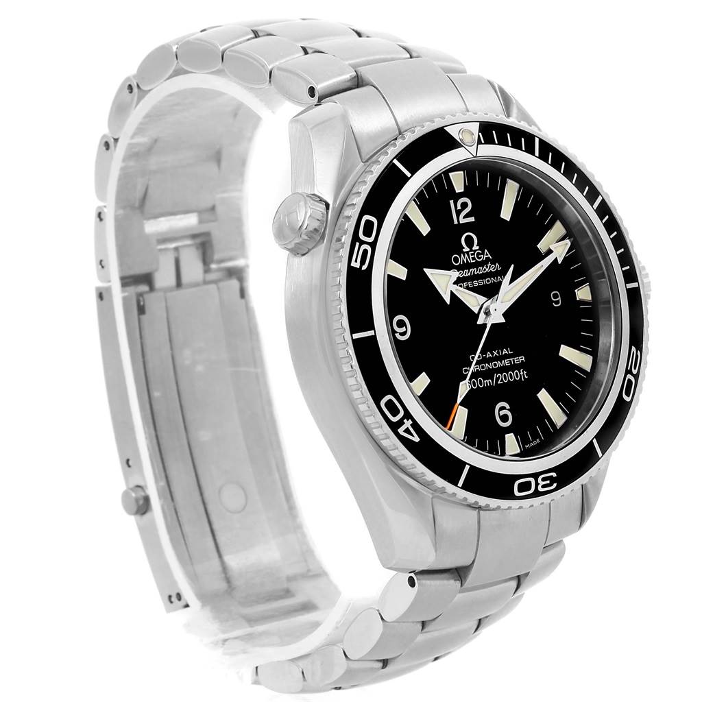 The image shows a side angle of the Omega Planet Ocean 2201.50.00 Men's Stainless Steel Black Dial 2201.50.00 Men's Stainless Steel Black Dial watch, highlighting its bezel, dial, bracelet, and crown.