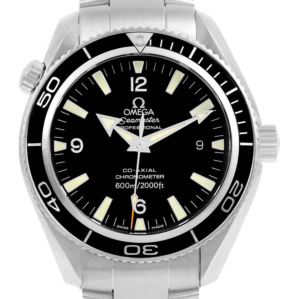 This image shows a front view of the Omega Planet Ocean 2201.50.00 Men's Stainless Steel Black Dial 2201.50.00 Men's Stainless Steel Black Dial Seamaster watch, featuring its face and bezel.