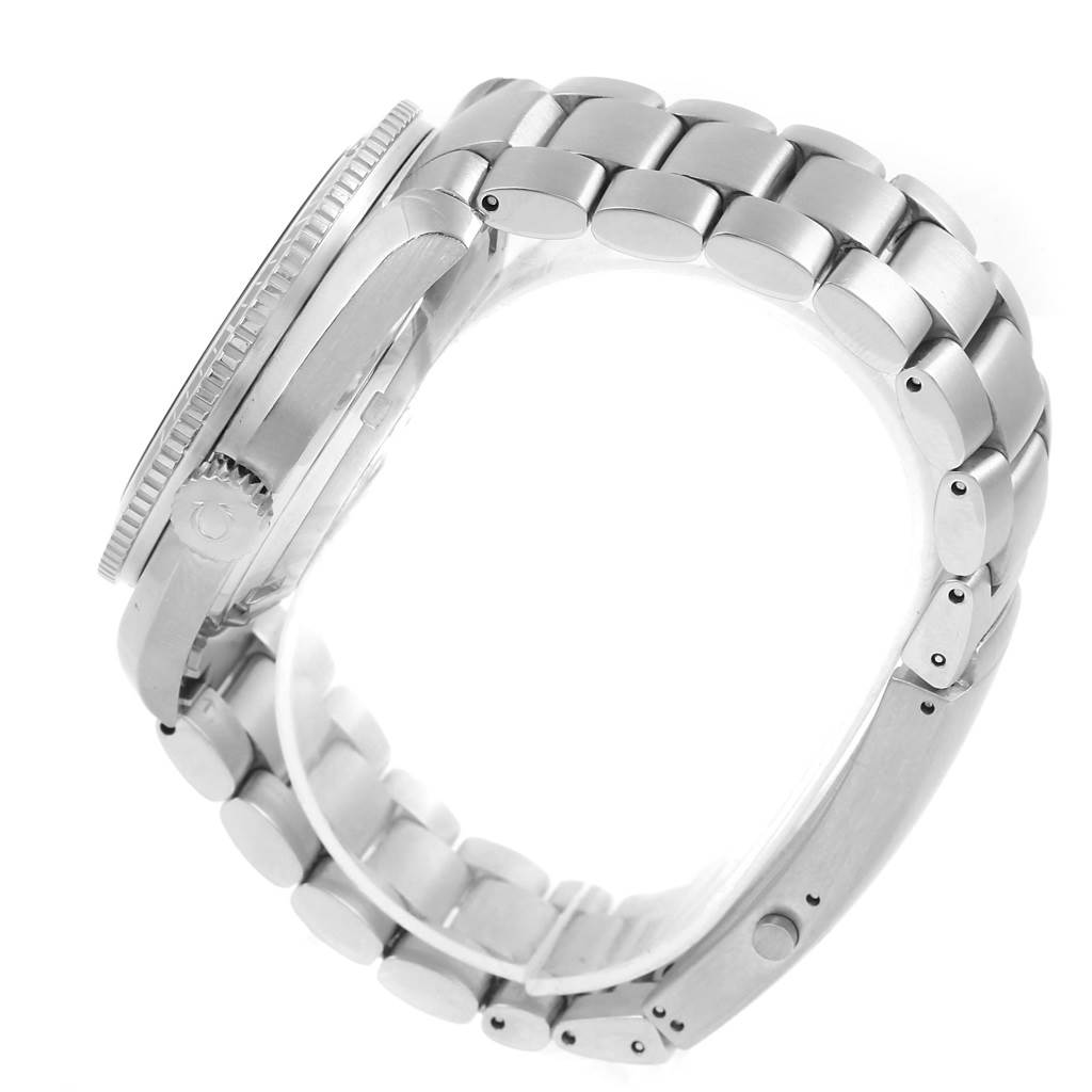 This image shows the side view of the Omega Planet Ocean 2201.50.00 Men's Stainless Steel Black Dial 2201.50.00 Men's Stainless Steel Black Dial watch, highlighting its metal case, crown, and bracelet.