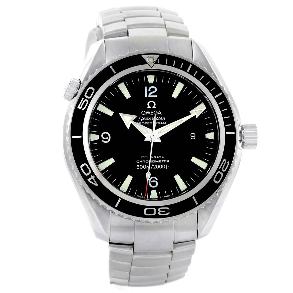 This image shows a front view of the Omega Seamaster Planet Ocean watch, highlighting its bezel, dial, and bracelet.