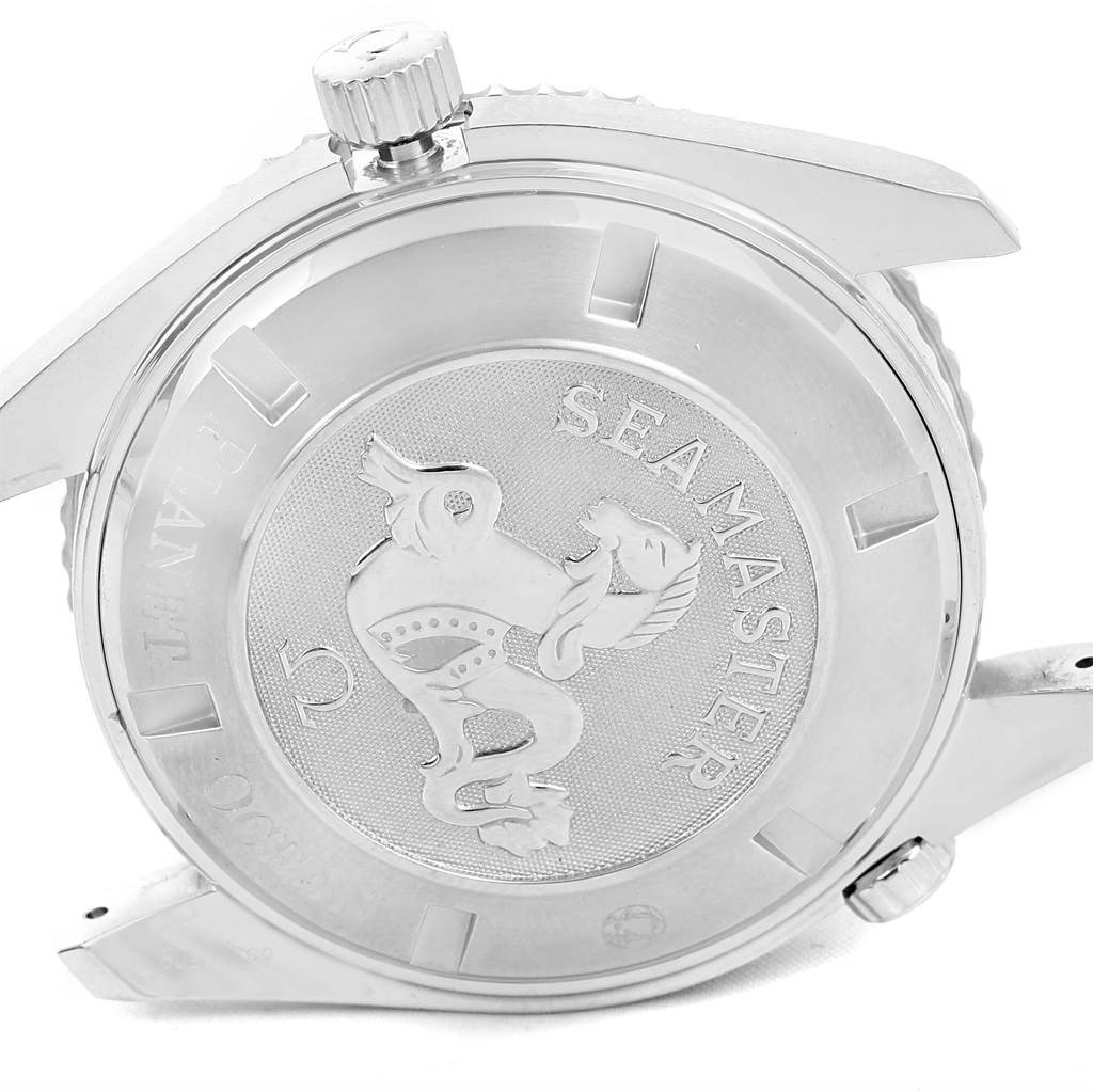 The image shows the back case and crown of the Omega Planet Ocean 2200.50.00 Men
s Stainless Steel Black Dial 2200.50.00 Men
s Stainless Steel Black Dial Seamaster watch.