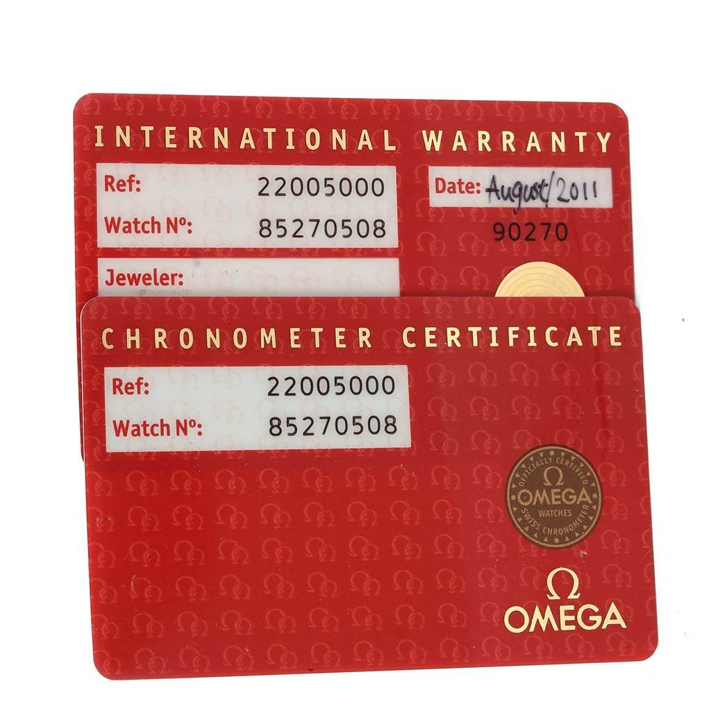 The image shows the International Warranty and Chronometer Certificate cards for an Omega Planet Ocean 2200.50.00 Men
s Stainless Steel Black Dial 2200.50.00 Men
s Stainless Steel Black Dial watch.
