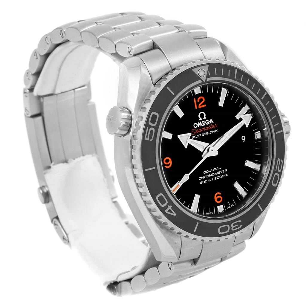 The image shows an Omega Planet Ocean 232.30.46.21.01.003 Men's Stainless Steel Black Dial 232.30.46.21.01.003 Men's Stainless Steel Black Dial watch at a three-quarter angle with visible bracelet, bezel, and dial.